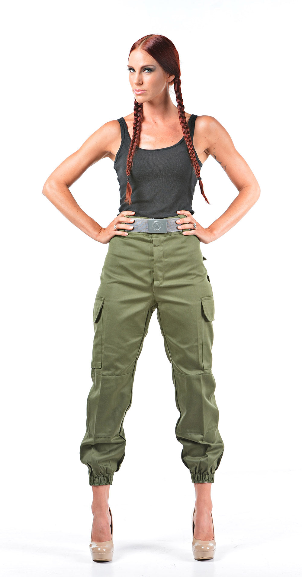 Ladies High Waist Olive Green Military Style Cargos – Top Rank Vintage